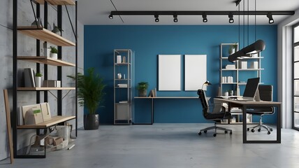 3D Blue open space office corner with mock up wall, for your background.