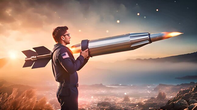 Businessman Guides Rocket to New Heights. Launching Success