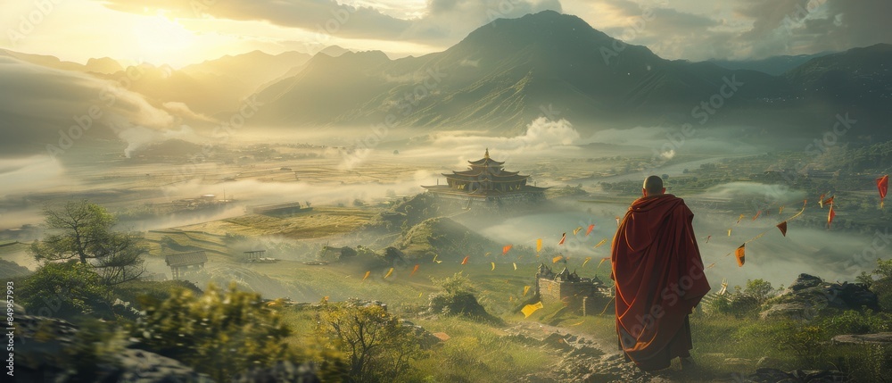 Wall mural A tranquil monastery in the mountains, monks in traditional robes, prayer flags fluttering, soft morning light, wide-angle, serene and spiritual., Leading lines, centered in frame, natural light