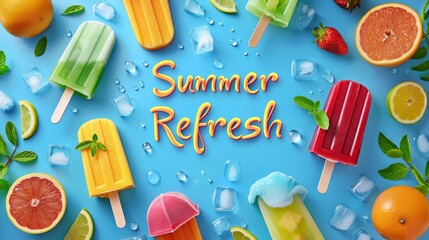 Colorful ice popsicles with fresh fruits and ice cubes on a blue background, embodying a refreshing summer vibe.