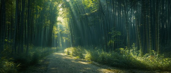 Fototapeta premium A tranquil bamboo forest with sunlight filtering through, a winding path, soft rustling of leaves, wide-angle, peaceful and green., Leading lines, centered in frame, natural light