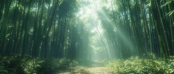 Fototapeta premium A tranquil bamboo forest with sunlight filtering through, a winding path, soft rustling of leaves, wide-angle, peaceful and green., Leading lines, centered in frame, natural light