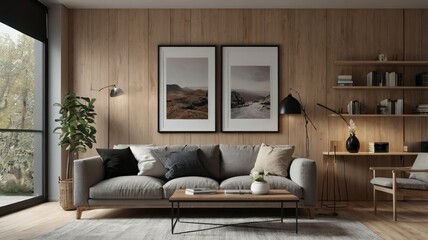 A modern living room with a sofa, wooden coffee table, and minimalist decor. The room features framed art pieces on the wall, a floor lamp, a potted plant, and a shelving unit with various items