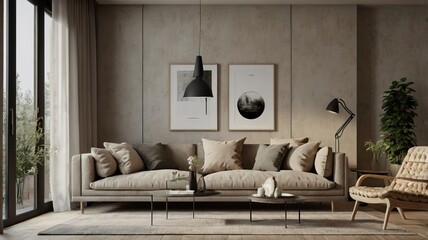 A modern living room with a sofa, wooden coffee table, and minimalist decor. The room features framed art pieces on the wall, a lamp, a potted plant.