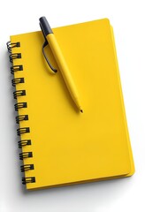 A yellow spiral notebook with a yellow pen on a white background