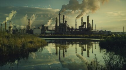 A large industrial plant is next to a body of water. The sky is dark and the water is calm