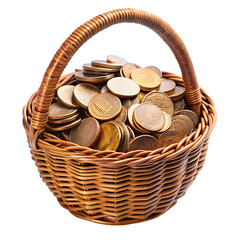 coins in rattan basket transparent background