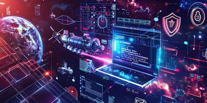 A computer screen shows a spaceship flying through space