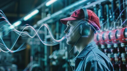 Obraz premium A factory worker wearing earmuffs near a loud machine, with sound waves visually depicted in a dynamic, high-energy style, in an industrial factory setting, emphasizing the danger