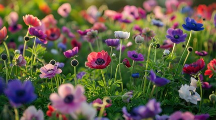 Fototapeta premium A field of anemones in various colors, under soft morning light, capturing natural beauty and vibrant blooms. --ar 16:9 --style raw Job ID: b191598b-27eb-4a8c-8b22-7bca4c8ee998