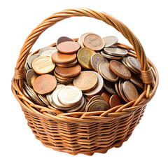 coins in rattan basket transparent background