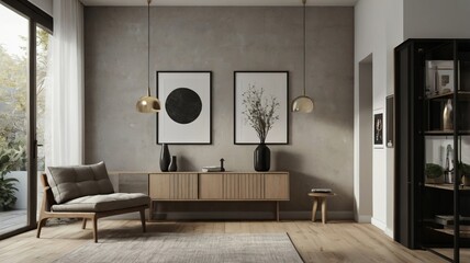 Modern minimalist living room with wooden furniture, abstract wall art, and large windows. The room features a comfortable chair, a sideboard with decorative vases, and pendant lights.