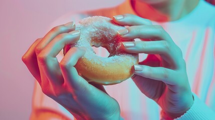 Person eating a doughnut, closeup of hands, side view, highlighting bad fat consumption, digital tone, Triadic Color Scheme