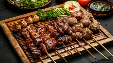 Grilled meat set with pork, meatballs, and vegetables on wooden board with chopsticks