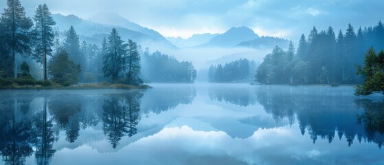 A serene mountain lake at dawn, mist rising from the water, pine trees, soft morning light, wide-angle, calm and reflective., Leading lines, centered in frame, natural light