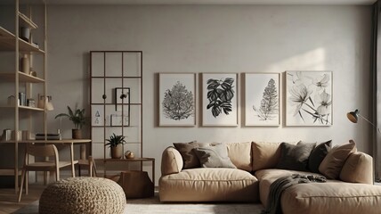 A modern living room with a sofa, wooden coffee table, and minimalist decor. The room features framed art pieces on the wall, a floor lamp, a potted plant, and a shelving unit with various items