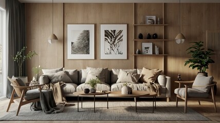 A modern living room with a sofa, wooden coffee table, and minimalist decor. The room features framed art pieces on the wall, a lamp, a potted plant.