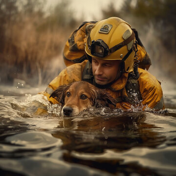 Rescatista sacando un perro del agua