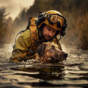 Rescatista sacando un perro del agua