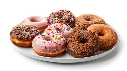Plate of gourmet donuts served on pristine white background