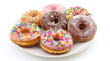 Plate of gourmet donuts served on pristine white background