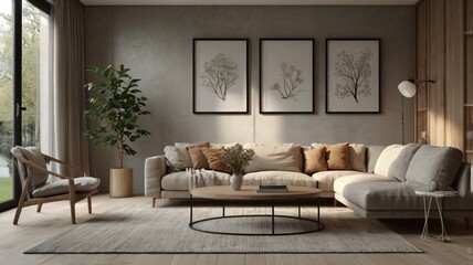 A modern living room with a sofa, wooden coffee table, and minimalist decor. The room features framed art pieces on the wall, a lamp, a potted plant.