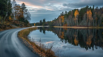 Fototapeta premium Road winding through serene lakeside with reflections of trees and sky