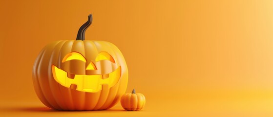 Cute carved pumpkin with smiling face, 3D style, matte clay surface, bright colors, ample copy space,