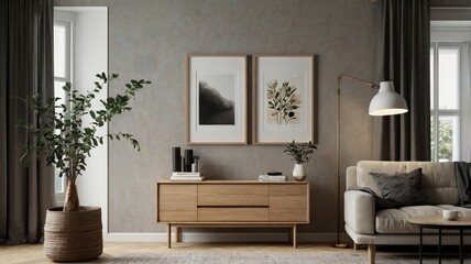 A modern living room with a sofa, wooden coffee table, and minimalist decor. The room features framed art pieces on the wall, a lamp, a potted plant.