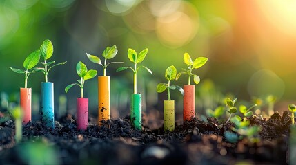 Seedlings layered colorful bar graphs depicting growth