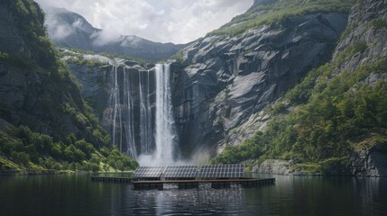 A majestic waterfall cascading down a mountainside with solar panels floating in a nearby lake harnessing the power of nature to generate clean energy.