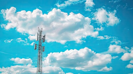 Obraz premium Tall cell tower against bright blue sky with fluffy white clouds