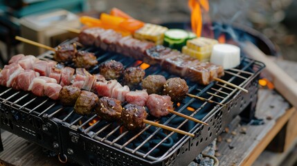 Traditional Japanese BBQ setup with pork, meatballs, and vegetables on portable grill