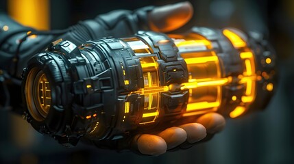 Fototapeta premium Colossal Power Cell with Vibrant Electric Striped Exterior Gripped by Fingers