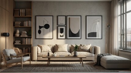 A modern living room with a sofa, wooden coffee table, and minimalist decor. The room features framed art pieces on the wall, a lamp, a potted plant.