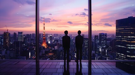 Two men stand on a balcony overlooking a city at sunset