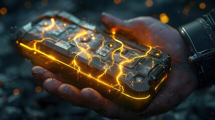 Powerful Titanic Battery Cradled in Hand with Striking Yellow Lightning Bolt Graphics