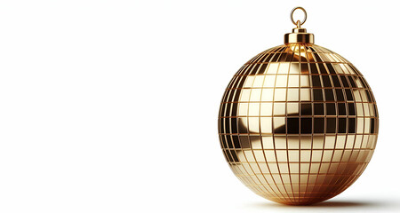 Obraz premium Golden Disco Ball Shines Against Pure White Backdrop In Striking Isolation, generative ai