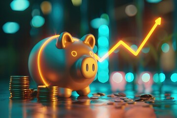 Vibrant Ascending Arrow Financial Growth Chart with Depositing Pennies into Piggy Bank
