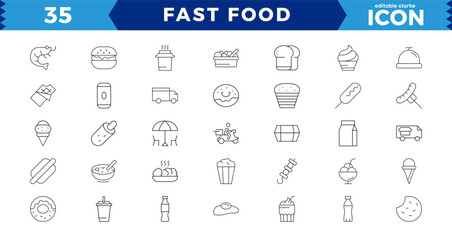 Fast food flat line icons set. Burger, combo lunch, french fries, hot dog, Burger, donut, french fries, hot dog, kabab, pizza, pizza vector illustrations. Editable Strokes,Pixel Perfect icon
