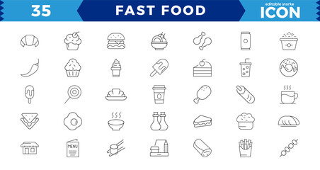 Fast food flat line icons set. Burger, combo lunch, french fries, hot dog, Burger, donut, french fries, hot dog, kabab, pizza, pizza vector illustrations. Editable Strokes,Pixel Perfect icon