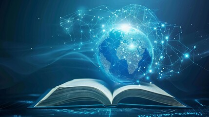 Futuristic global education with open book and globe map on blue background. World book day. International literacy day
