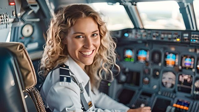 smiling woman in a pilot uniform, posing in the cockpit of an airplane