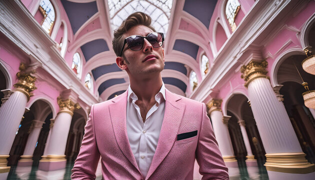 Arrogant young narcissist man in a fashion suit and in glasses looking up at camera and a halo glows above his head. Male narcissism concept