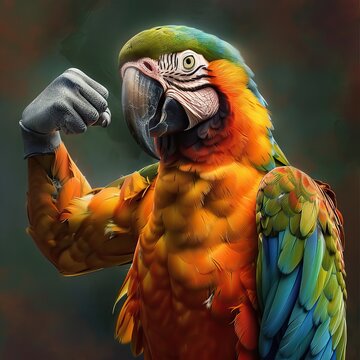 A muscular parrot showing off its biceps, blending strength and avian charm in a humorous depiction. A unique and entertaining illustration. Generative AI