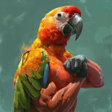 A muscular parrot showing off its biceps, blending strength and avian charm in a humorous depiction. A unique and entertaining illustration. Generative AI