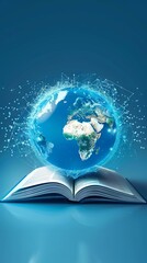 Futuristic global education with open book and planet map on blue background. World book day. International Literacy Day