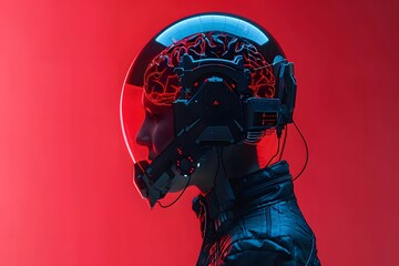 Futuristic woman with red attire and headphones, immersed in music, blending elements of technology and science fiction