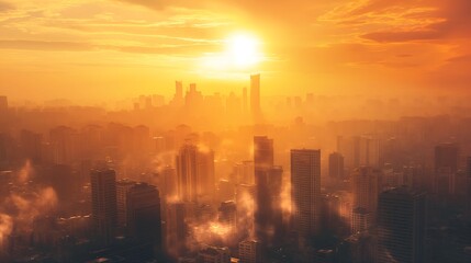 Fototapeta premium Stunning City Heatwave – Urban Overheat, Summer Haze, High Temperature, Sun-drenched Skyline, Global Warming, Sun Over City Skyline, Heat Warning 