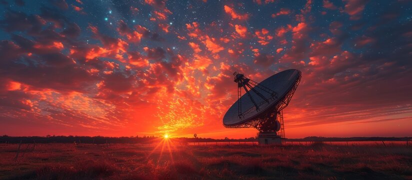 view of a large parabolic antenna against the sky with sunset rays
